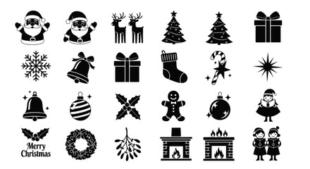 Cohesive Traditional Christmas Celebration Black Vector Silhouette Set Holiday Graphics