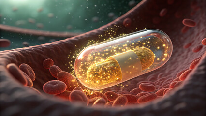A microscopic view of the gut cells absorbing nutrients, small fluorescent molecules of vitamins and energy flowing into the cells, creating a sense of dynamic movement and flow.