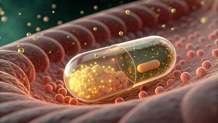Bright orange vitamin C molecules are being absorbed into intestinal cells, creating a glowing, energizing effect.