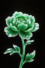 A surreal, simple 3d artwork of Peony bloom in polished jade sculpture style, elegant luxury, black background