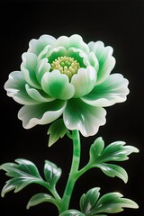 A surreal, simple 3d artwork of Peony bloom in polished jade sculpture style, elegant luxury, black background