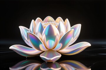 A Lotus flower sculpted from pearl with iridescent glow, luxury render, black background