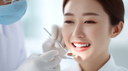 A dental examination is being carried out on a woman who is smiling, with dental tools in the dentist's hands.