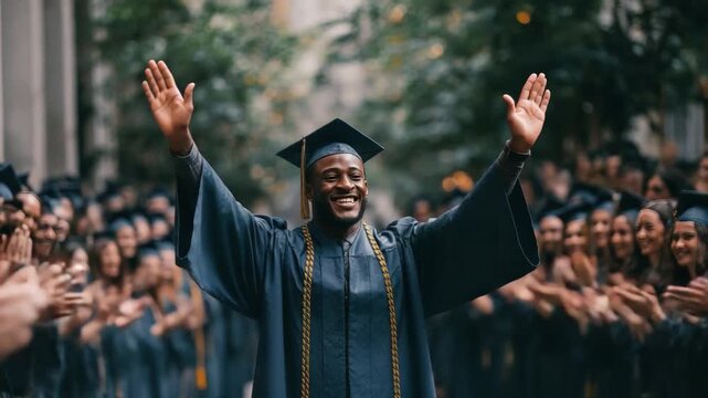 Triumphant Moment of Graduation: A young graduate radiates pure joy and accomplishment as he celebrates his achievements amidst the support of his peers during a sun-drenched convocation ceremony.