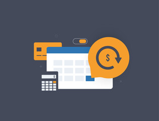 Fototapeta na wymiar Subscription payment concept with automated membership fee billing system. Annual subscription and monthly payment process for digital services and online business vector illustration