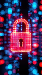 Glowing red digital padlock symbolizing cybersecurity and data protection in a futuristic abstract background with bokeh lights