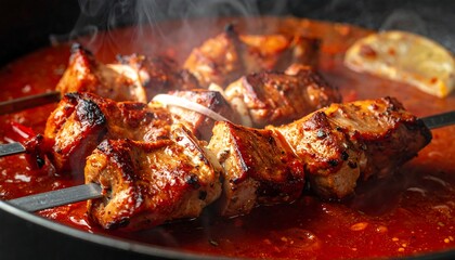 A close-up shot captures a sizzling kebab on a metal skewer, bathing in a rich, red sauce, emitting wisps of steam. A lemon wedge sits nearby