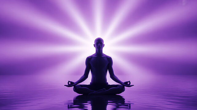 Silhouette of a person meditating in lotus pose on water with radiant purple light background