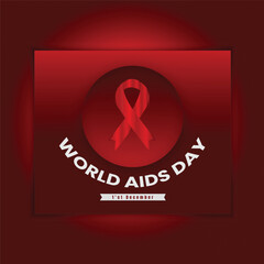 Flat banner of world aids day December 1 with ribbon, world map, and text. United with the Red Ribbon, Global Hope & Compassion.