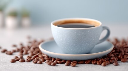 Fototapeta premium Cup of Black Coffee in a Blue Cup on Saucer with Roasted Coffee Beans Close Up and Soft Focus Background