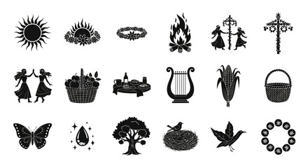 Black Vector Silhouettes for a Midsummer Solstice Festival Whimsical Pagan Folk Style