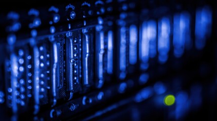 cables. Close-up view of illuminated server components in a data center with cool blue lighting. product launch decks, UI/UX mockups, designed for data visualization dashboards and holographic UIs.
