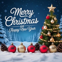 Festive christmas tree with ornaments and holiday greetings in winter scene