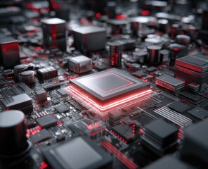 Close-up of a complex circuit board with a highlighted processor