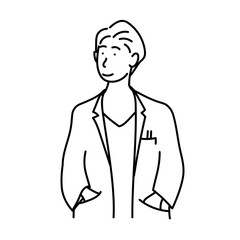 白衣を着た男性がポケットに手を入れて立つ姿をシンプルな線画で描いたイラスト｜医療や教育、プレゼンテーションなど信頼感を表現するシーンに使えるベクター素材