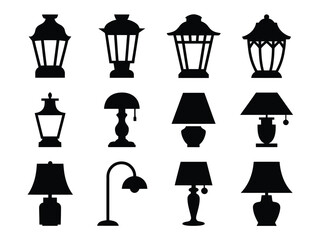 Set of 12 black silhouette illustrations of vintage and modern lamps and lanterns vector graphics vector