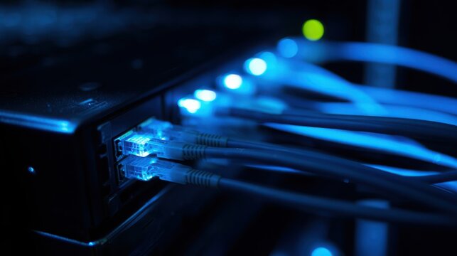 cables. Close-up view of illuminated server components in a data center with cool blue lighting. product launch decks, UI/UX mockups, designed for data visualization dashboards and holographic UIs.