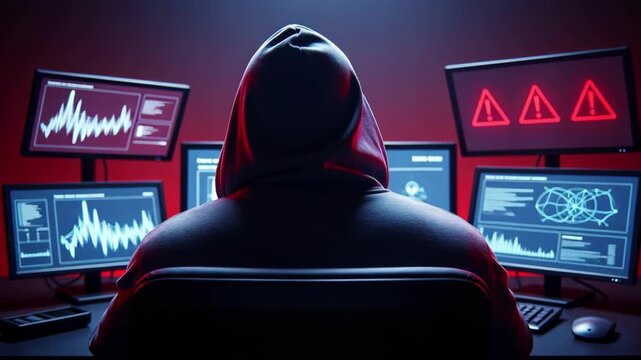 Intense cybersecurity threat video featuring hooded hacker attacking systems, digital danger unfolding with monitors and warning signs flashing red