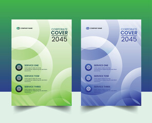 Modern corporate brochure cover template design in green and blue gradient with abstract circular shapes and professional business layout.
