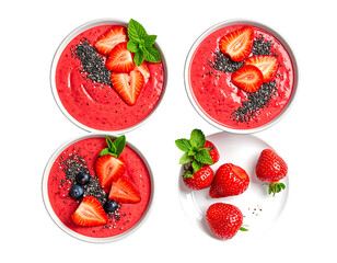 Four bowls of vibrant pink smoothie topped with fresh strawberries, blueberries, chia seeds, and mint