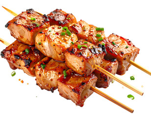 Golden-brown grilled skewers, glistening with sauce