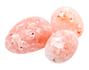 Three smooth, light pink, egg-shaped stones, speckled with darker pink and white