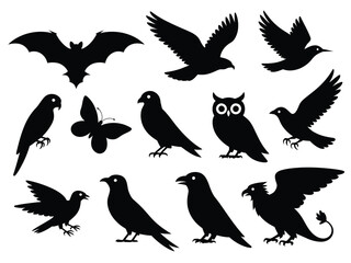 Collection of black silhouette illustrations featuring birds and bats for vector graphic design applications vector