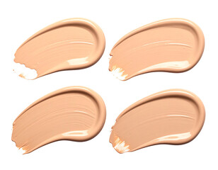 Four light beige foundation swatches, brushstrokes visible