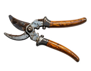 Close-up of a pair of used gardening shears.  Rusty metal blades, aged wooden handles
