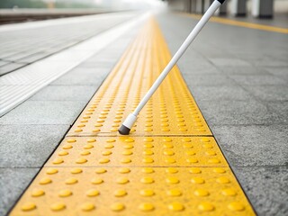 Tactile paving and white cane at a train station platform