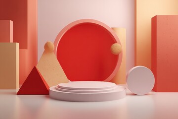 Modern geometric arrangement featuring bold shapes and vibrant colors in a contemporary setting that showcases artistic design principles and spatial composition