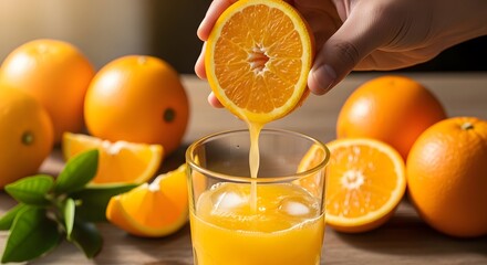 Freshly squeezed orange juice pouring into a glass surrounded by ripe oranges and leaves