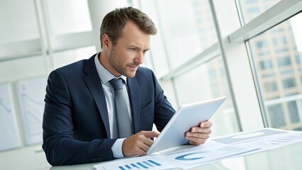 Businessman in formal suit carefully analyzing financial statistics on digital tablet screen, at modern office desk with documents, graphs