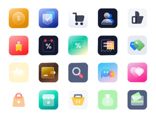E Commerce icon set liquid glass style. Perfect for fintech UI, apps, or websites.
