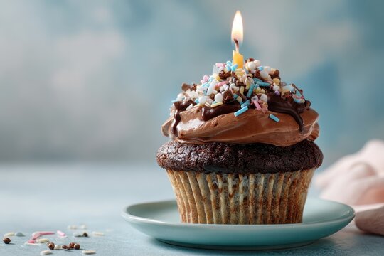 Delicious birthday cupcake topped with chocolate frosting and colorful sprinkles sitting on a table with a soft background