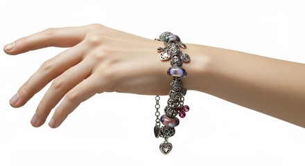 A woman's hand extends, displaying a decorative bracelet with various charms and beads.