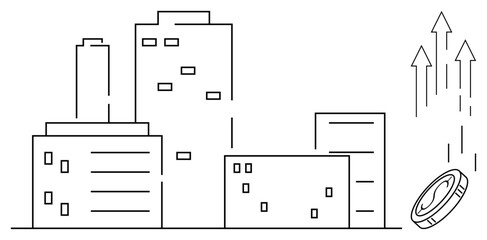 Coin dropping with upward arrows symbolizes financial growth among cityscape buildings. Ideal for economy, investment, urban development, startup funding, financial success, business growth, simple