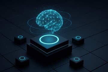 Holographic AI brain above futuristic platform with glowing neural network and orbiting data rings in dark cyber grid environment
