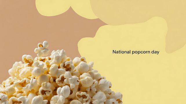 National Popcorn Day celebration with a pile of popcorn against a warm yellow and beige background