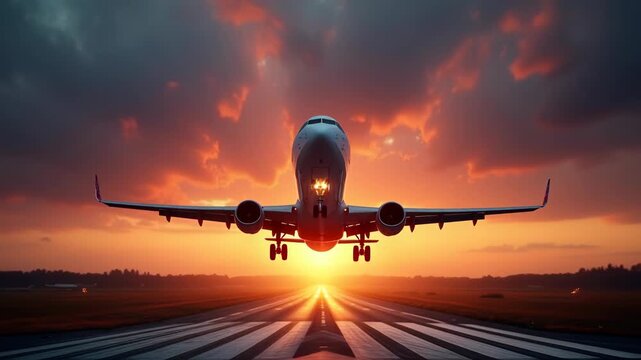 Amazing airplane taking off at sunset with dramatic colorful clouds and runway perspective