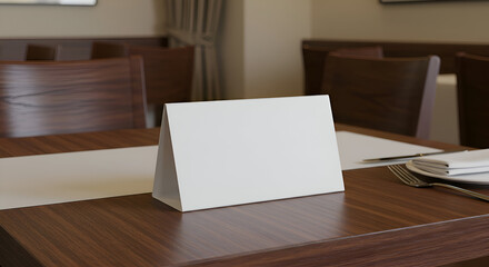 Empty white triangular table sign on a wooden restaurant table with place settings. Modern, professional restaurant interior, ready for custom signage.