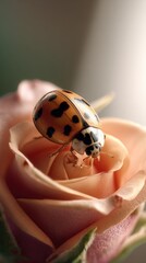Ladybug on peach rose petals closeup