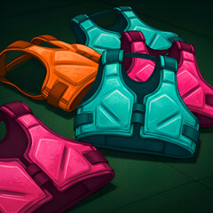 Naklejka premium Colorful protective vests lying on a dark surface. Sport equipment for individuals in various vibrant colors.