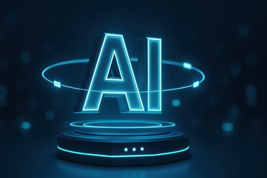 Large glowing AI typography hovering above round platform with motion light ring and depth of field bokeh in futuristic cyber space
