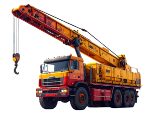 Yellow and Red Mobile Crane Truck with Extended Boom and Hook, Industrial Machinery Under Cloudy Sky, Isolated