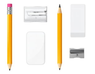 Yellow Pencil with Eraser, White Rubber, and Metal Sharpener on White 