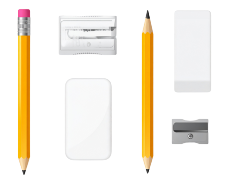 Yellow Pencil with Eraser, White Rubber, and Metal Sharpener on White