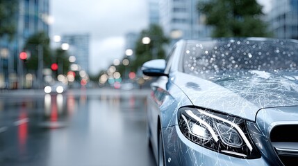 Damaged Silver Car Door with Scratches After Accident on Wet City Street with Blurred Background During Overcast Day