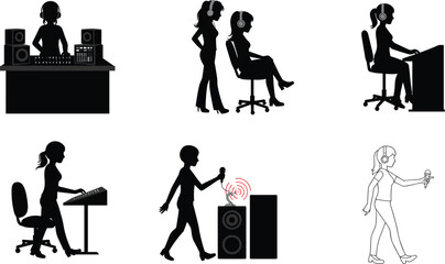 Black and White Music Production and Performance Silhouettes Featuring DJs, Singers, and Sound Engineers for Audio, Studio, and Event Design