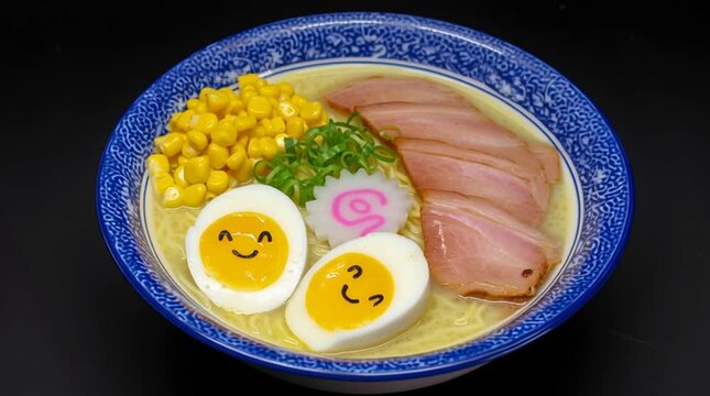Adorable Smiling Egg Ramen Bowl with Corn and Pork on Black Background.